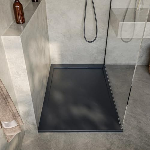SoulHome Plato de Ducha Resina ANTRACITA 90X70 Diseño Mismo Color | Antideslizante C3, Extraplano, Resina y carga mineral, Textura Liso Piedra, Antibacteriano, Gel-coat, Incluye válvula desagüe