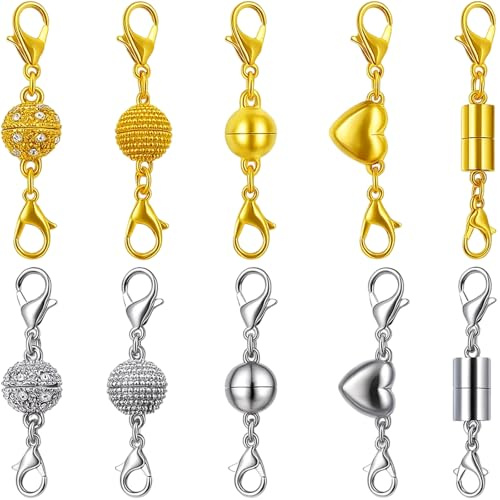 Magnetic Necklace Clasps, 10 Pack Magnetic Clasps for Necklaces in 5 Styles, 4.2 cm Jewelry Fasteners, Gold and Silver Magnetic Bracelet Clasps for DIY Jewelry Making, Gift Customization