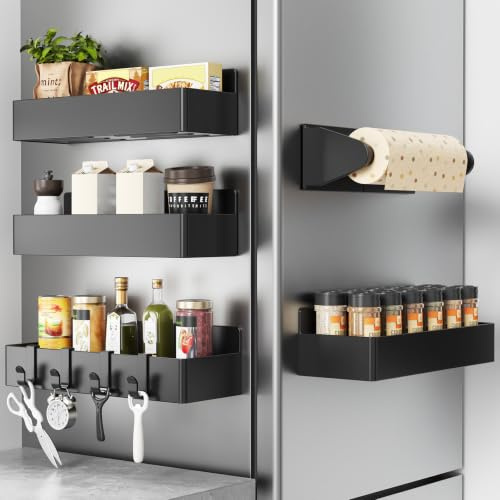 Gewürzregal Magnetisch,5er Set,Kühlschrank Magnet Organizer ohne Bohren | 2 Klein und 2 Groß Magnetisches Regal,1 Papierhandtuchhalter,für Küche,Kühlschrank,Mikrowelle,Waschmaschine (Schwarzes)