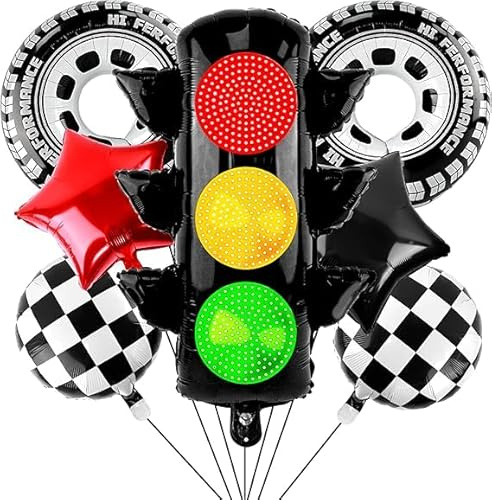 Lukinuo Auto Luftballons 7 Stück Rennwagen Folienballons Dekoration Verkehrsampel Autoreifen Ballon Reifen Ballons Racing Cars Folienballons, Rennauto Ballon Cars Themen Party Dekoration für Junge