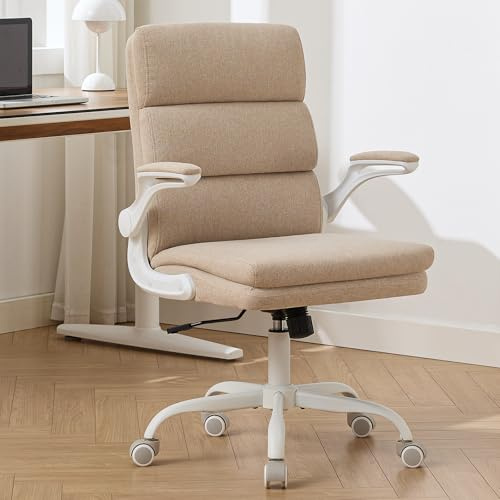 LukkDys Ergonomischer Bürostuhl mit 3-facher Rückenstütze (Nacken, Rücken, Lendenbereich) - Höhenverstellbar, Klappbare Armlehnen, Bequeme Stoffpolsterung, Drehstuhl für Homeoffice & Büro, Beige