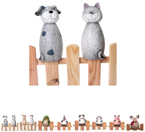 Klocke Dekorationsbedarf Keramik Zaunfigur – Lustiger Zaunhocker wetterfest für Gartenzaun, Pfähle & Balkon – Handbemalte Tierfigur Gartendeko (1 Stück - Hund/Katze - 11 x 9,5 x 23 cm)