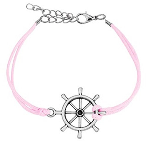 beyoutifulthings Wickel-Armband Steuerrad Länge 240mm Breite 2,59mm verstellbar Karabinerverschluss Echt-Leder Edelstahl Seil Maritim pink