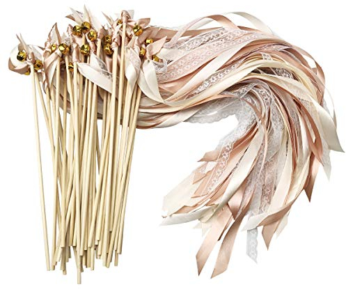 Cieovo Stäbe mit Hochzeitsbändern und Glöckchen, Seidenfeenstab, Gastgeschenke für Partys, Babypartys, Urlaub, Feiern, 50 Stück Champagnerfarbene Spitze