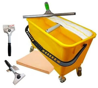 ClimProfesional. Kit Limpiacristales Completo Cubo Escurridor, Mojador 45CM, Rasqueta 45CM, Bayeta y Rascadores. Limpieza de Cristales Profesional