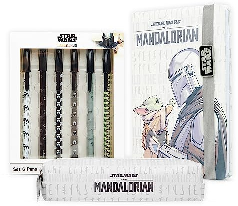 Disney Schreibwaren Set Kinder, Notizbuch A5 mit Federmäppchen und Stifte Set, Schulsachen für Jungen und Mädchen, Schulschreibset als Geschenk zur Einschulung (Weiß Mandalorian)