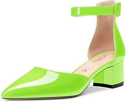 HDEUOLM Mujer Zapatos Chunky Tacón Ancho Punta Puntiaguada Correa Tobillo Sandalias Low Heel Pumps Shoes Verde Lima Charol 37 EU
