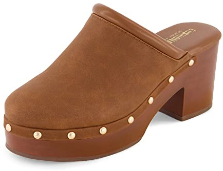 CUSHIONAIRE Guest Platform Clogs for Women, Heeled Faux Wood Mules with Studded Detailing and Memory Foam Footbed for All-Day Comfort, CHESTNUT 11