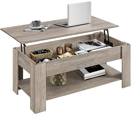Yaheetech Couchtisch Höhenverstellbar Sofatisch mit Stauraum Ablagefächern Kaffeetisch Metallgestell Beistelltisch für Wohnzimmer, Grau