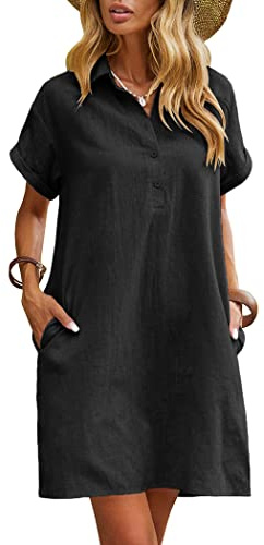Zeagoo Women Summer Casual T Shirt Dresses Cotton Short Sleeve Button Down Tunic Dress with Pockets Black S
