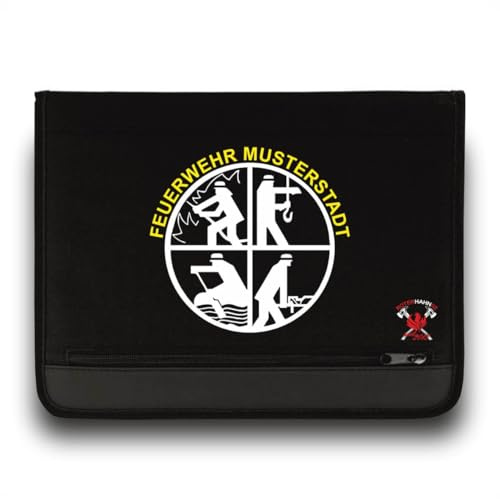 Feuerwehr Schreibmappe/FW Signet +Ortsname/Neongelb-Weiss/Roter Hahn 112 / Einsatzorganizer auch für THW Rettungsdienst Notarzt