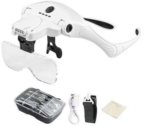 Gafas Lupa con Luz Led Recargable,Gafas Aumento con Luz,5 Lentes Desmontables (1.0X-3.5X),2 Lupas de Brillo Ajustables,Trabajo de Precisión para Reparaciones, Coser, Joyería