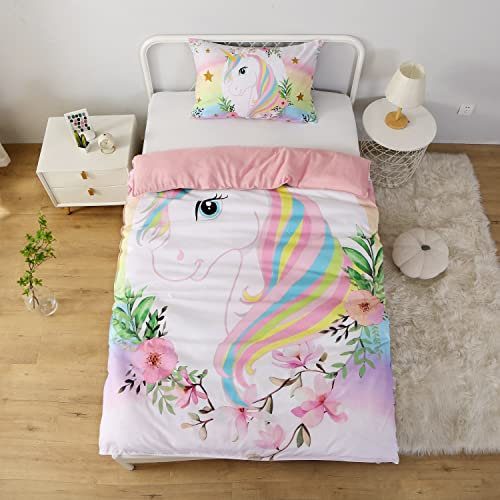 MUSOLEI Copripiumino singolo Unicorno bambina Biancheria da letto Completo letto singolo bambina Set copripiumino singolo bambini 2 Pezzi Copripiumino 135x200 e 1 federa 50X80cm Poliestere