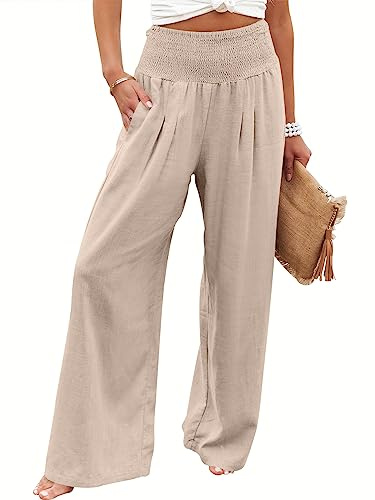 ANRABESS Women Linen Palazzo Pants Summer Boho Wide Leg High Waist Casual Lounge Pant 2026 Beach Travel Vacation Outfits Almond Small