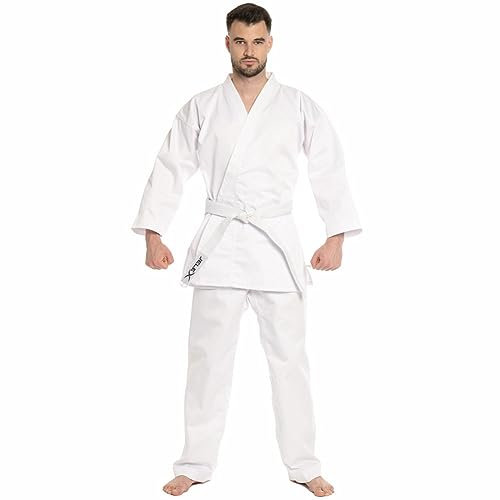 JELEX Kihaku Karateanzug Set aus Hose, Oberteil und Gürtel für Erwachsene und Kinder. Für Karate, Judo und andere Kampfsportarten. Für Einsteiger und Profis (160, Erwachsene weiß)