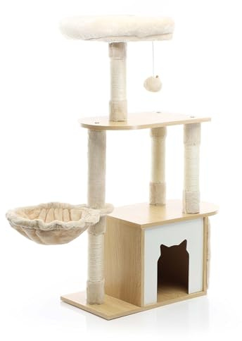 Fudajo Kratzbaum mit Holz in Beige 106 cm hoch, Katzenkratzbaum mit Katzenhaus und Liegemulde, Katzenbaum mit Sisal, Katzenmöbel mit Plüsch