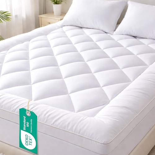 Linens World Mattress Topper Single Bed 10cm Thick White, Quilted Super Soft Microfiber Topper, 1200GSM Hollow Fiber Fill, Breathable, Washable with Strong Elastic Straps for Extra Comfort (90 ×190cm)