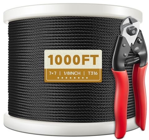 KALLSDY 1000FT 1/8 T316 Black Stainless Steel Cable, Black Wire Rope Aircraft Cable for Deck Cable Railing Kit, DIY Balustrades, 7x7 Strands Construction, Comes with a Cutter