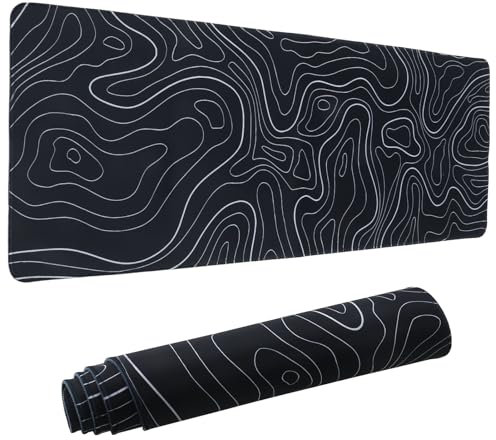 Large Mouse Pad,Black Topographic Contour Gaming Mouse Mat, Extended XL Mousepad with Non-Slip Rubber Base,Office Full Desk Mat with Stitched Edges,Long Keyboard Mouse Pad,31.5×11.8×0.12in(Black)