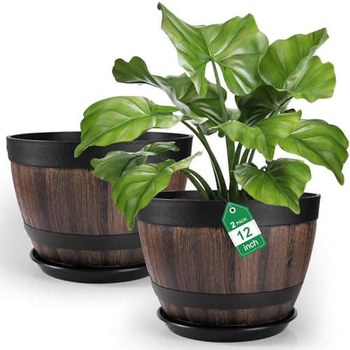 hewewor Large Plastic Half Barrel Plant Pots (Pack of 2) 30.2cm - 10L Plastic Planters for Outdoor Plants - Large 12' Flower Pots with Saucers for Garden (2, 30.2cm)