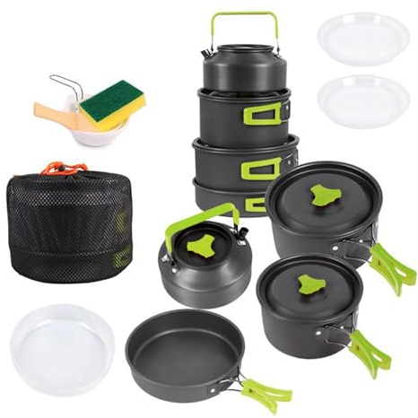 Walkervo Set Pentole da Campeggio con Pentole Padella Bollitore da Campeggio Gavetta Pentole Set da Campeggio per 4-5 Persone Leggero E Compatto Campeggio Trekking Picnic Escursionismo,Green