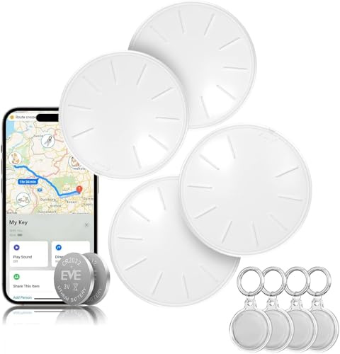 ZITTZ Tags-4 Pack Tracker Works with Apple Find My (iOS Only), Track Keys Wallet Luggage Backpack Suitcase, Super Lightweight Item Finder with 4 Keyrings and 4 Cases, Replaceable Battery (4)