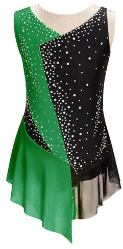 iEFiEL Mädchen Glitzer Eiskunstlauf Kleid Ärmellose Rollkunstlauf Kürkleid Kleid Kinder Tanzkleid Ballett Trikot Wettbewerb Tanzkostüm Grün 134-140