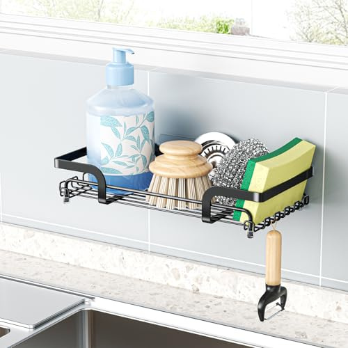 Spülbecken Organizer Wand, Schwammhalter Spülbecken Korb, Kleine Metall Arbeitsplatte Spülbecken Organizer für Aufbewahrung Spülmittel Schwämmen Bürste, Drill-Free Shower Caddy mit Haken, Schwarz