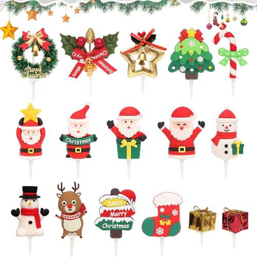 16 Piezas Decoración para Tartas de Navidad, Adornos de Tartas Adornos para Magdalenas de Navidad, Papá Noel Muñeco de Nieve Corona de Navidad Cake Toppers para Fiestas Navidad
