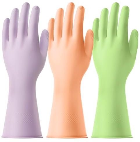 AUAUY 3 Pairs Reusable Household Washing up Gloves, Rubber Soft Cleaning Gloves, Non-Slip and Waterproof Dishwashing Gloves with Embossed Palm for Kitchen Cleaning, Gardening (Green+Orange+Purple, L)