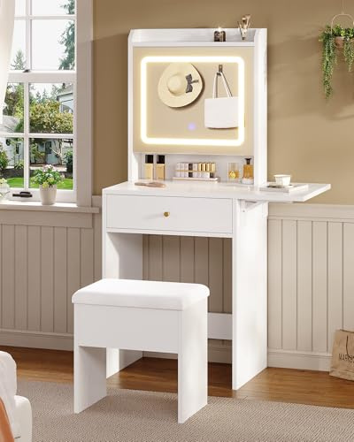 Toeletta Con Luci LED - Tavolo da Trucco Piccolo Con Sgabello, 3 Tonalità, Luminosità Regolabile, 1 Pannello Pieghevole, Specchio, Ripiani Regolabili, Bianco