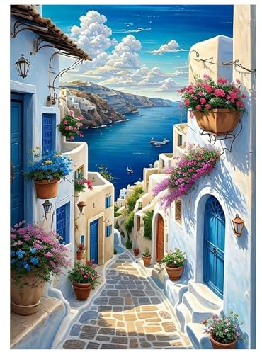 SHEGZHUC Peinture Diamant Paysage Mer 30 x 40 cm - Santorini Maison sur la Mer Ville Méridionale - Mosaïque Art Broderie Point de Croix