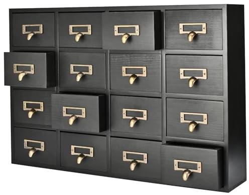 Flexzion Apothecary Cabinet with Drawers - 16 Vintage Drawers, Card Catalog Cabinet, Black Wooden Tabletop Desktop Organizer for Home Office, Jewelry, Makeup, Tools & Small Item Storage
