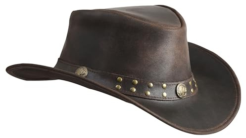 Sidewinder Australischer Cowboy-Lederhut, Steampunk, Unisex, Erwachsene, für Damen und Herren, formbar, Outback, Western-Stil, breite Krempe, Dunkelbraun, M