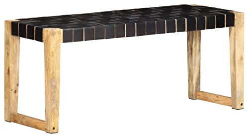 WKIEQACO Bänke, Küchen- & Essbänke, Bank 110 cm, schwarzes Echtleder und massives Mangoholz