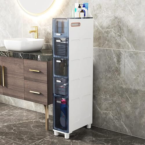 MEWVABKW Lagerschrank 5-stufiger schmaler Lagerschrank, schmaler Toiletten-Lagerschrank, Lagerturm mit durchsichtigen Schubladen und Rollen, Stabiler schmaler Kommodenturm für Badezimmer, Schlafzimm