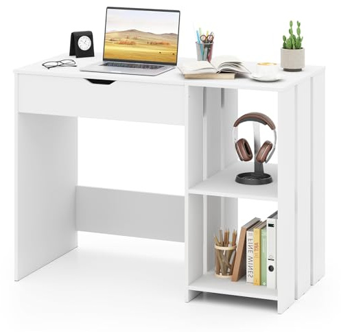 COSTWAY Scrivania per Computer con Piano Sollevabile, Scrivania PC Moderna con Scomparto Segreto Salvaspazio e 2 Ripiani, Ideale per Ufficio, Studio e Camera da Letto, 100 x 49 x 75 cm, Bianco