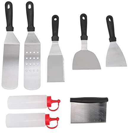 FLEXMAN Lot de 8 Spatules pour Plancha, Manche Ergonomique, Spatules de Cuisine en Acier Inoxydable, Bouteilles Souples, Spatules de Camping pour Pique Nique, Cuisine, Barbecue