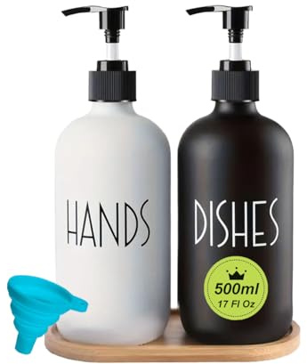 AXIM Tvåldispenser i glas, 17 Fl Oz hand- och disktvåldispensrar med pumpbricka och tratt för kök och badrum (svart + vit)