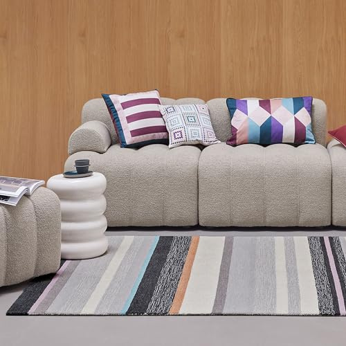 Wecon Home Kurzflorteppich Sally, 140 x 200 cm, grau Multi | handgetufteter Teppich mit modernem Streifenmuster, 100% Schurwolle, pflegeleicht & zertifiziert
