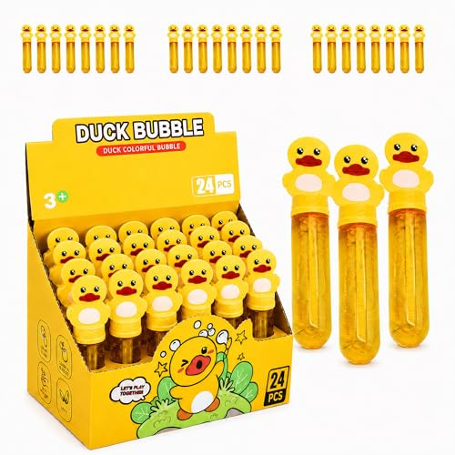AMATOYS – 24 Pomperos de Jabón para Niños 35ml – Varitas de Burbujas – Juguete Burbuja Ideal para Cumpleaños, Fiestas, Regalos y Bolsas Sorpresa (Corazon Pato)