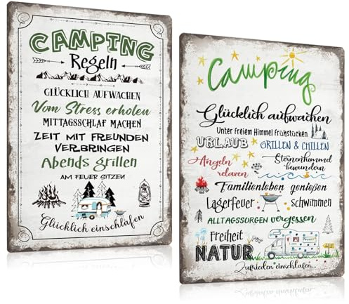2er Set Retro Blechschilder Camping lustig Spruch - Camping Regeln - Campingplatz Metallschild für Camper Wohnmobil Wohnwagen Wohnmobilfahrer als lustige Deko Geschenkidee 20x30cm (C)