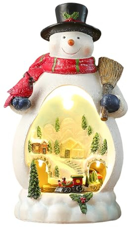 Casitas Navidad, Decoración Navideña con Luces LED Diseño de Tren Giratorio y Música Atractiva, Caja de Música de Casa Navideña Hecha Decoraciones Pequeño Pueblo Navideño (1, Muñeco de nieve)