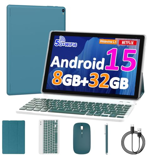 10 inch Android 15 Tablet, 8GB RAM 32GB ROM Powerful Quad-core CPU, 1280*800 Resolution Screen Tablet PC, 8MP Camera, 6000mAh Battery Computer, 2 in 1 Tablets with Keyboard, Case, Mouse, Stylus Laptop