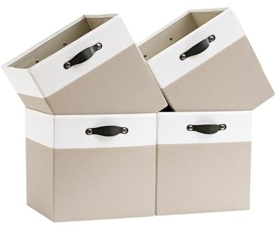 FABINADO Storage Cube Bins | 7.7 oz/yd² Fabric Cubby Organizer Baskets for Shelf, Closet, Cabinet, Wardrobe | KALLAX Shelving Unit Insert Drawer | 4 Pack, Beige & White, 13x15x13 Inch