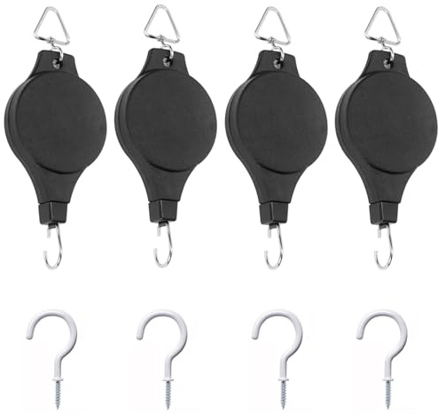 DOETYD 4 PCS adjustable hanging basket pulley, heavy duty plant pulley hook with 4PCS ceiling hanging basket hooks for flower baskets, bird feeders and grow lights, strong load capacity (Black)