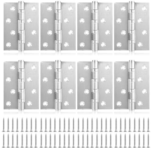 8 Pcs Heavy Duty Door Hinges 4 inch(100mm*76mm), Stainless Steel Hinges for Wood Outdoor Internal Ball Bearing Door Hinge with 64 Screws (Silver)