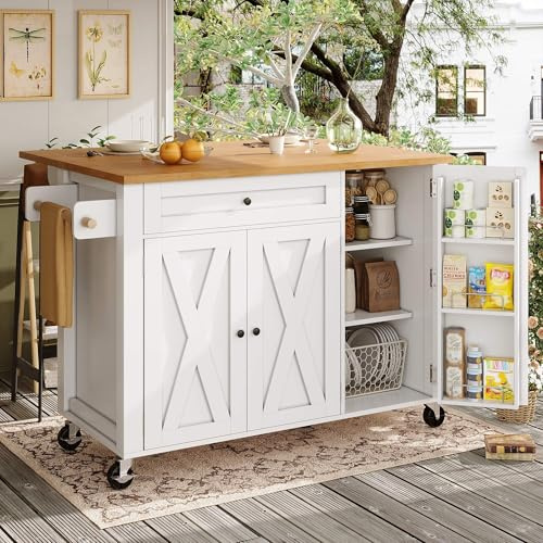 HYUB Isla de cocina con ruedas con encimera y estantes ajustables, carrito de servicio multifuncional con toallero, Kitchen Island independiente, para salón, cocina, color blanco