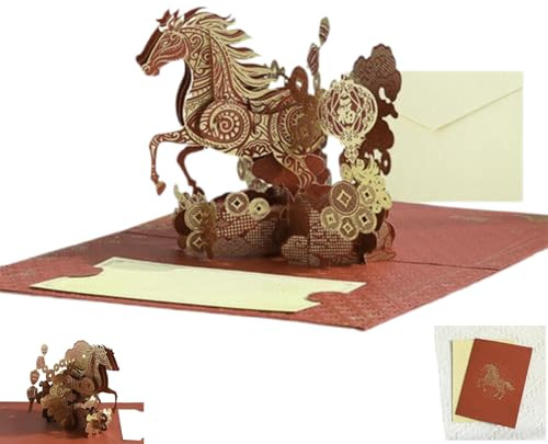 Chinesisches Neujahrskarten 2026, Karten Zum Jahr Des Pferdes 2026, 3D Pop-up Chinesischen Gruß Karte Neujahr Mit Umschlägen, Vintage Geschenkkarte, Goldfolien Frühlingsfestkarten Für
