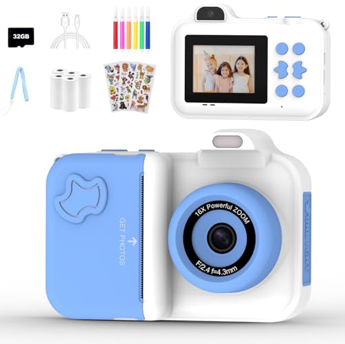 Cámara de Fotos Instantánea para Niños, Regalos Juguete para Niño niña de 4 5 6 7 8 9 10 11 12 Años, cámara de Fotos Infantil, 5 Rollos de Papel de Impresión, Pegatinas, Bolígrafos y Tarjeta de 32 GB